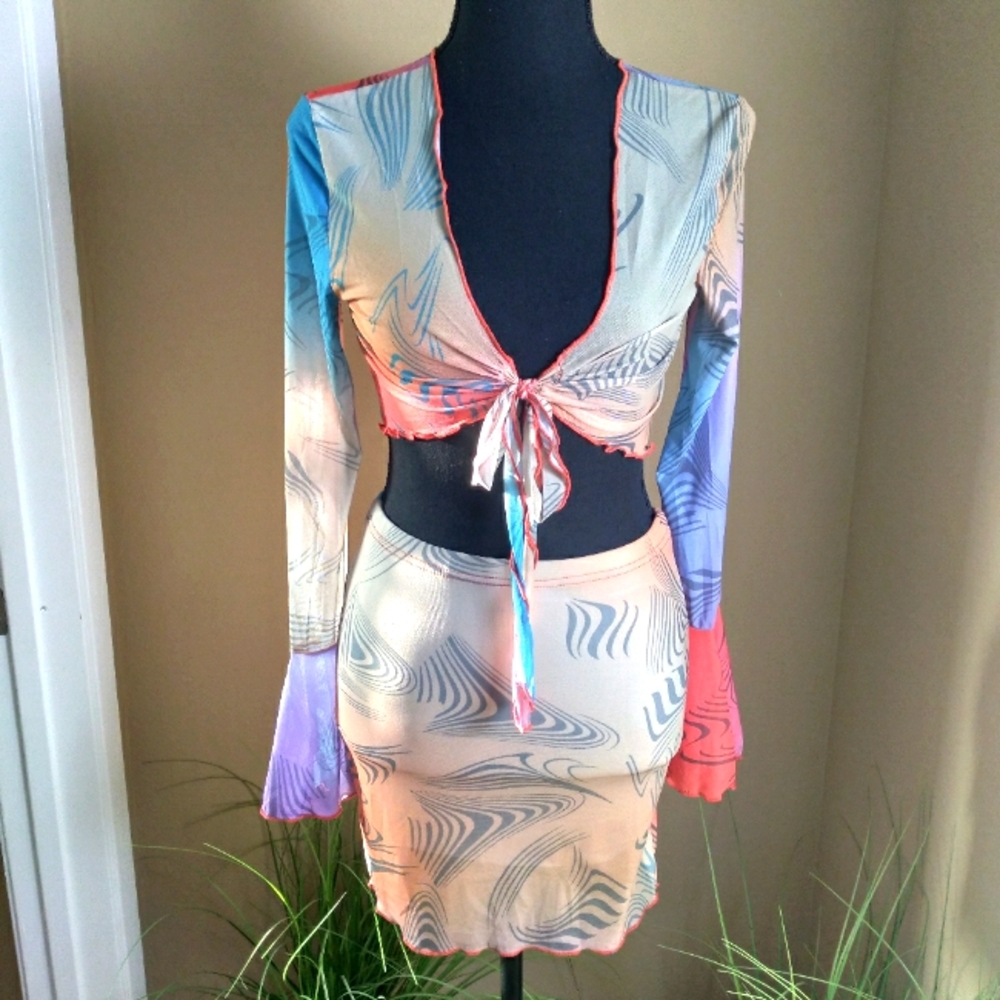 Women's Two-piece Bright Color Mesh Tie Up Shirt w/Skirt- Size Medium NWOT - Picture 3 of 17